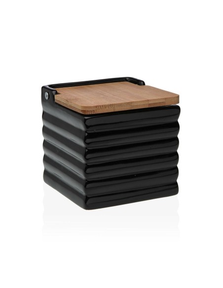 Salière avec couvercle Versa Rayures Noir Céramique Bambou Dolomite 11 x 11 x 11 cm