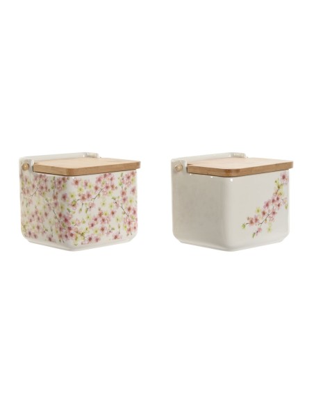 Salière avec couvercle Home ESPRIT Blanc Rose Lila Bambou 750 ml 14 x 12,5 x 12 cm (2 Unités)
