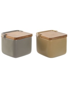 Salière avec couvercle Home ESPRIT Beige Gris Naturel Bambou Dolomite 15 x 12 x 11 cm (2 Unités)