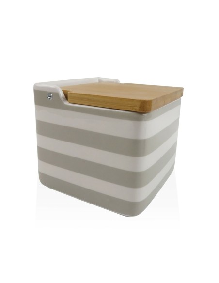 Salière avec couvercle Versa Gris Céramique Bambou Dolomite Rayures 12,2 x 11,5 x 12,2 cm