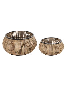Set de pots DKD Home Decor Noir Naturel Métal Rotin Carré Bali 50 x 50 x 25,4 cm (2 Unités)